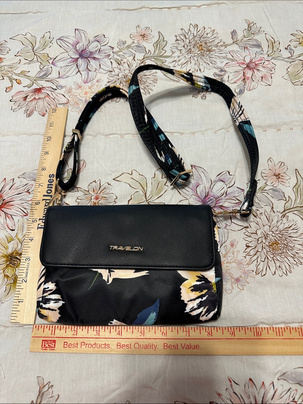 Travelon Black Floral Accent Crossbody Bag